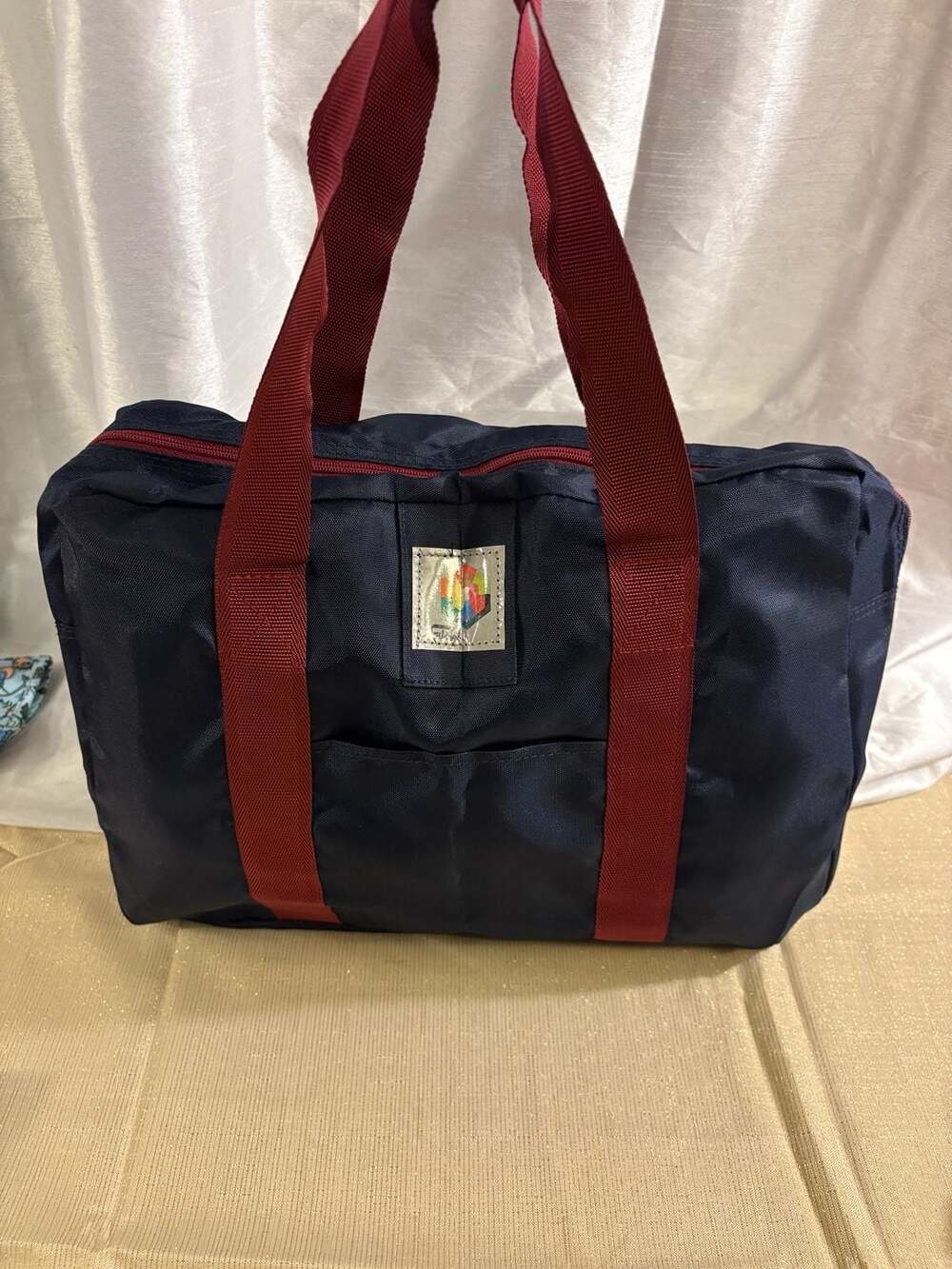 Vintage Fabergé Navy Blue Nylon Travel Tote Bag with Red Straps